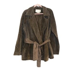Margaret Godfrey Suede Genuine Leather Jacket Chocolate Brown Belted Trench L